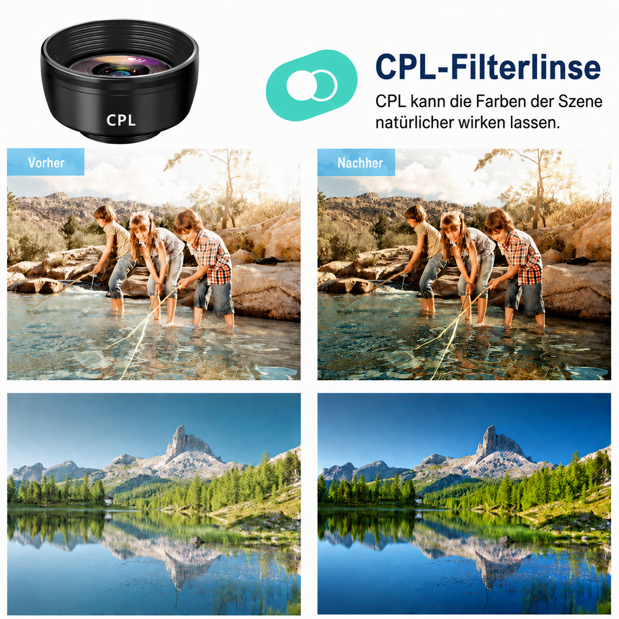 Vergleichsbilder zeigen die Wirkung einer CPL-Filterlinse mit lebhafteren Farben und Kontrasten.