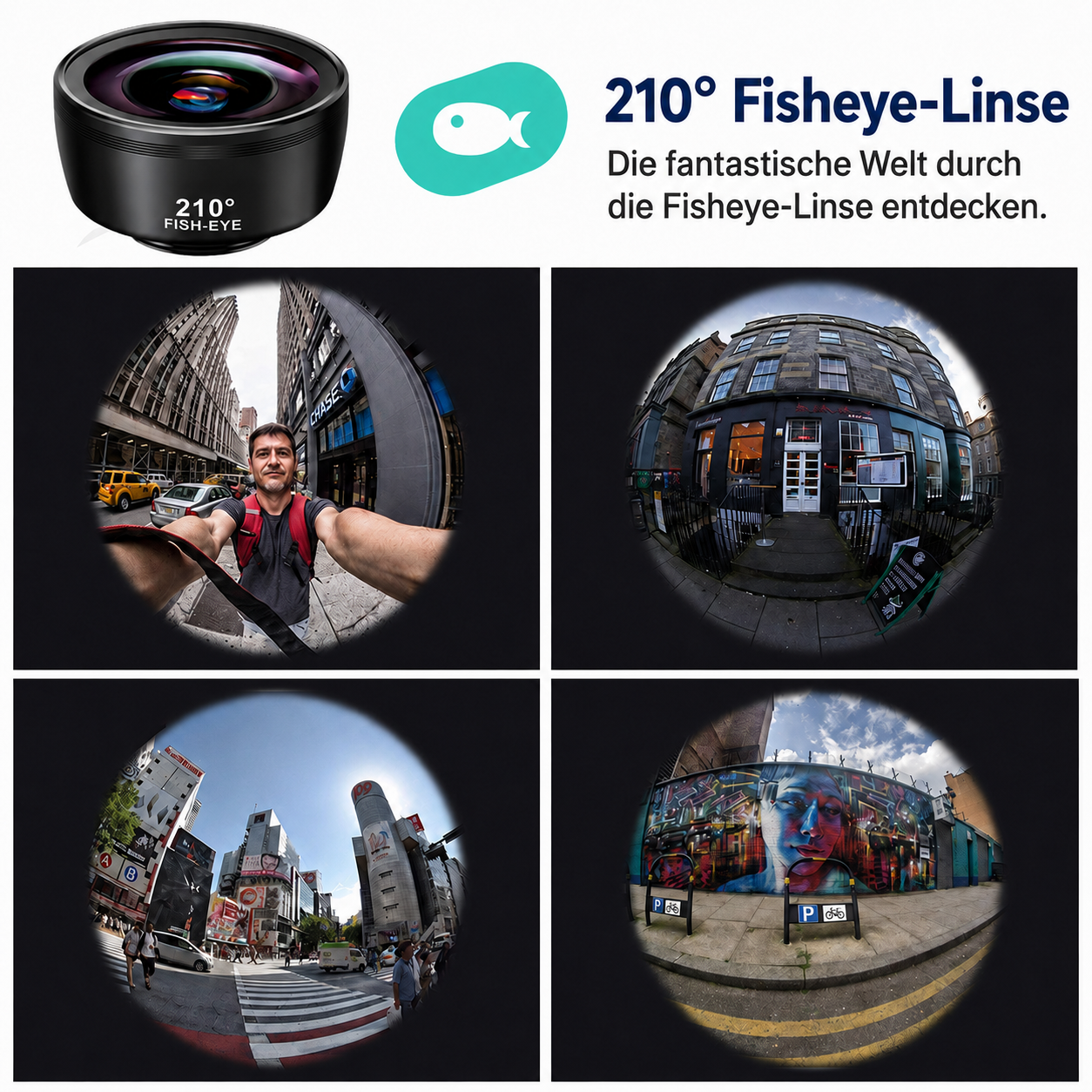 Produktwerbung für eine 210-Grad-Fisheye-Linse mit vier kreisförmigen Beispielfotos.