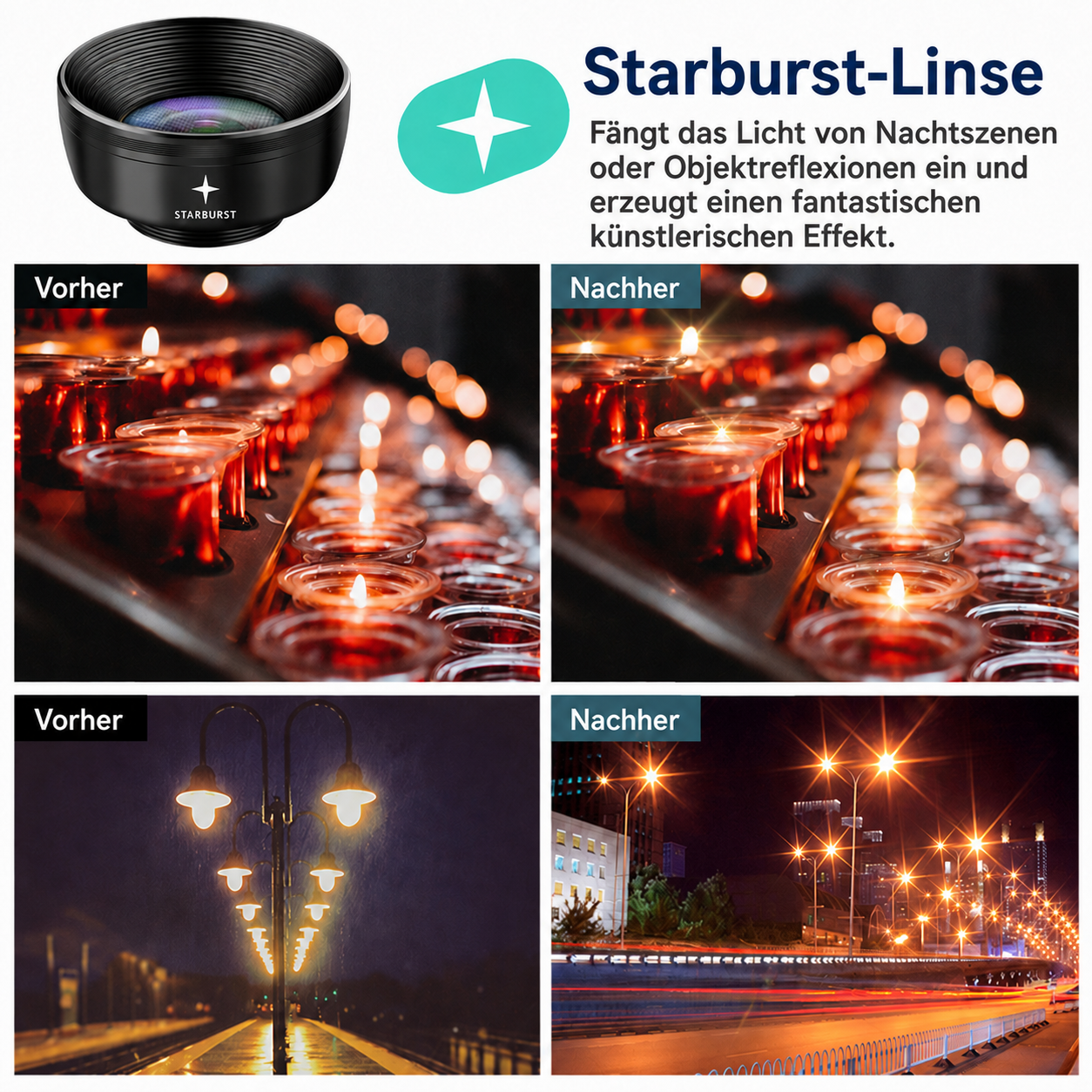 Starburst-Linse zeigt Vorher-Nachher-Vergleiche von Kerzenlicht und Straßenlaternen mit starkem Lichteffekt.