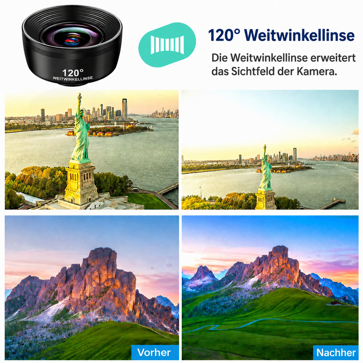 Produktbild einer 120-Grad-Weitwinkellinse mit Vorher-Nachher-Vergleichsbildern von New York und Bergen.