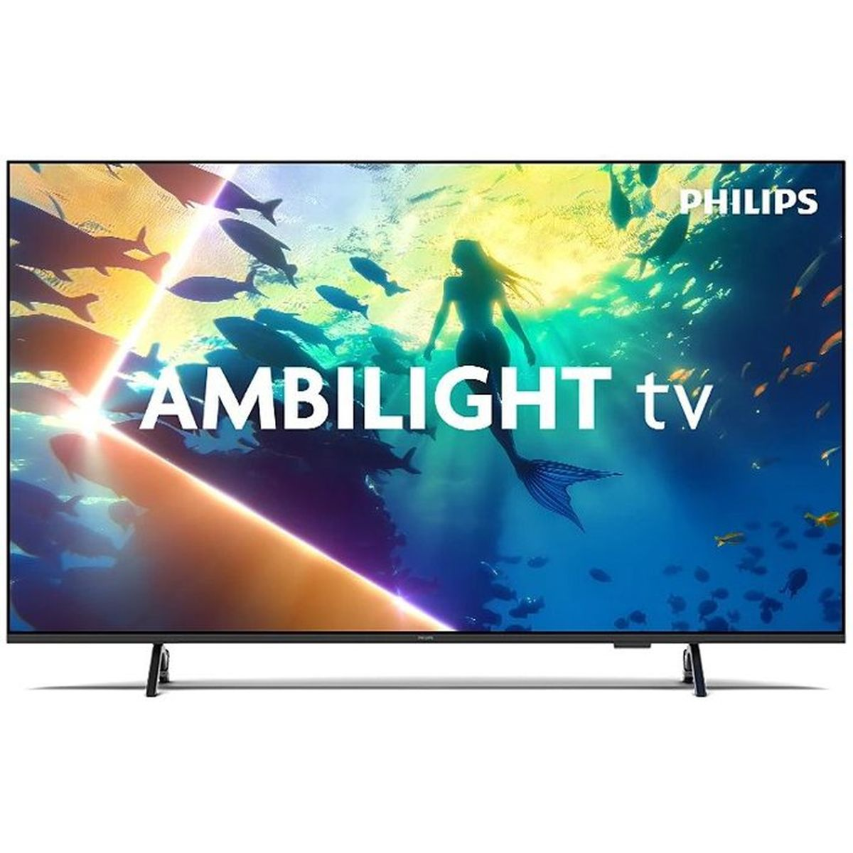 Un téléviseur Philips Ambilight affiche une scène sous-marine avec des poissons et une silhouette humaine.