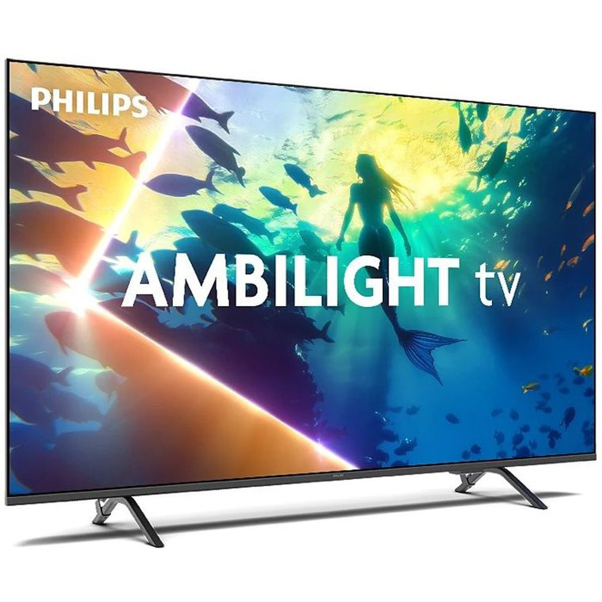 Un téléviseur Philips Ambilight affiche une scène sous-marine avec des poissons et une sirène.