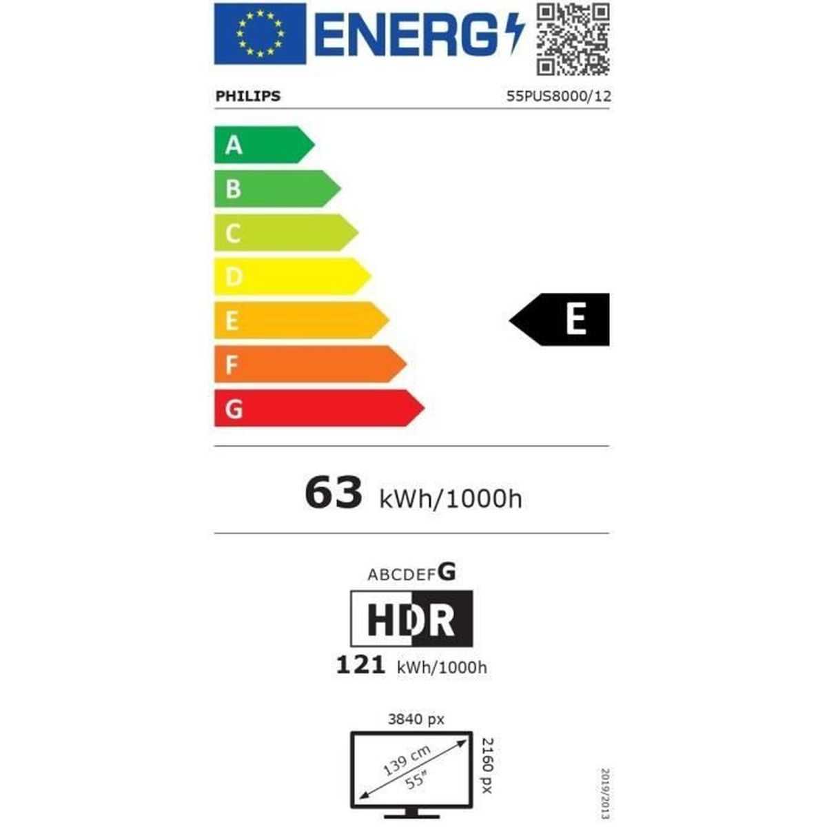 Étiquette énergie Philips classe E avec 63 kWh/1000h et écran de 55 pouces.