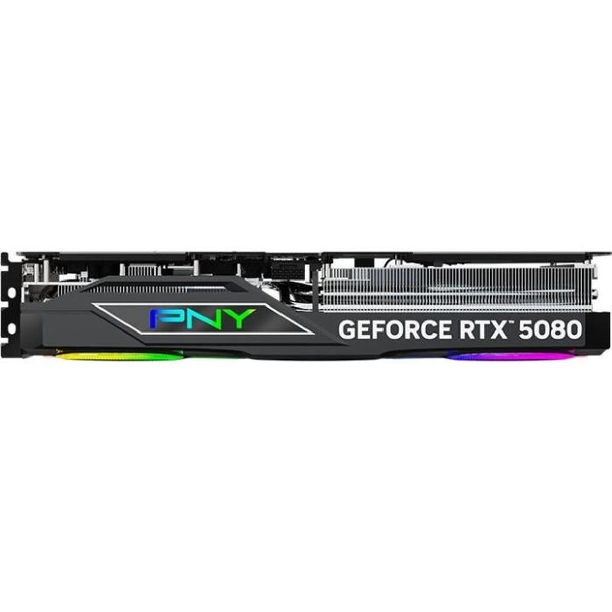 PNY GeForce RTX 5080 Grafikkarte mit schwarzer Verkleidung, metallenem Kühlkörper und RGB-Beleuchtung vor weißem Hintergrund.