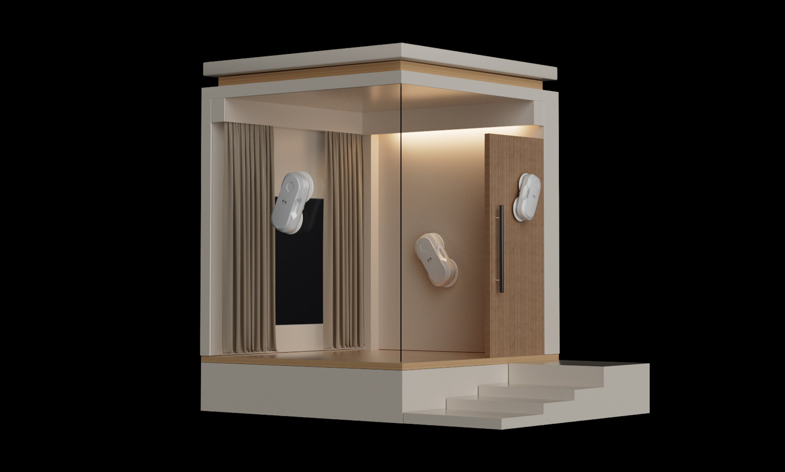 Een minimalistische kamer met houtaccenten en witte reinigingsapparaten op de glazen wanden.