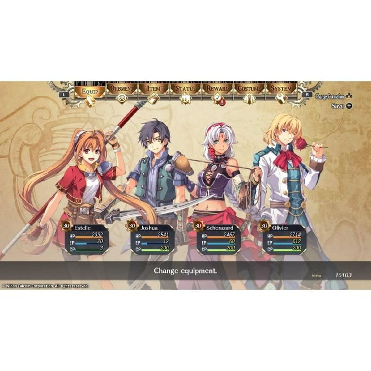 Pantalla de menú de juego RPG con cuatro personajes de anime (Estelle, Joshua, Scherazard, Olivier) y estadísticas.