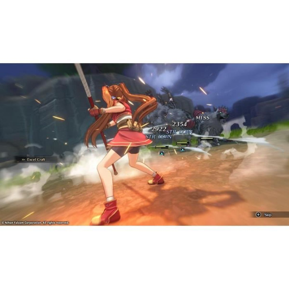 Un personaje de anime femenino con vestido rojo lucha contra monstruos parecidos a lobos con un bastón en un entorno rocoso.