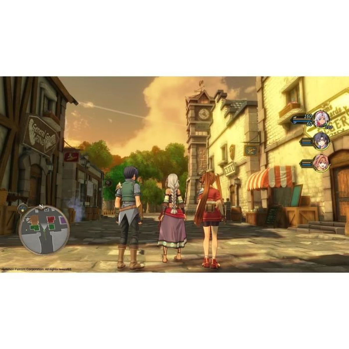 Tres aventureros en una calle empedrada de un pueblo fantástico con torre de reloj bajo un cielo atardecido.