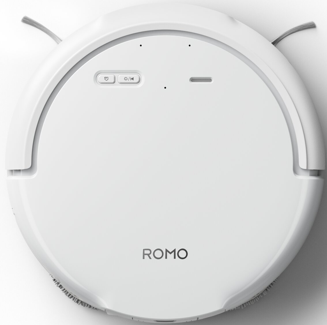 Un robot aspirador ROMO blanco visto desde arriba sobre fondo claro.