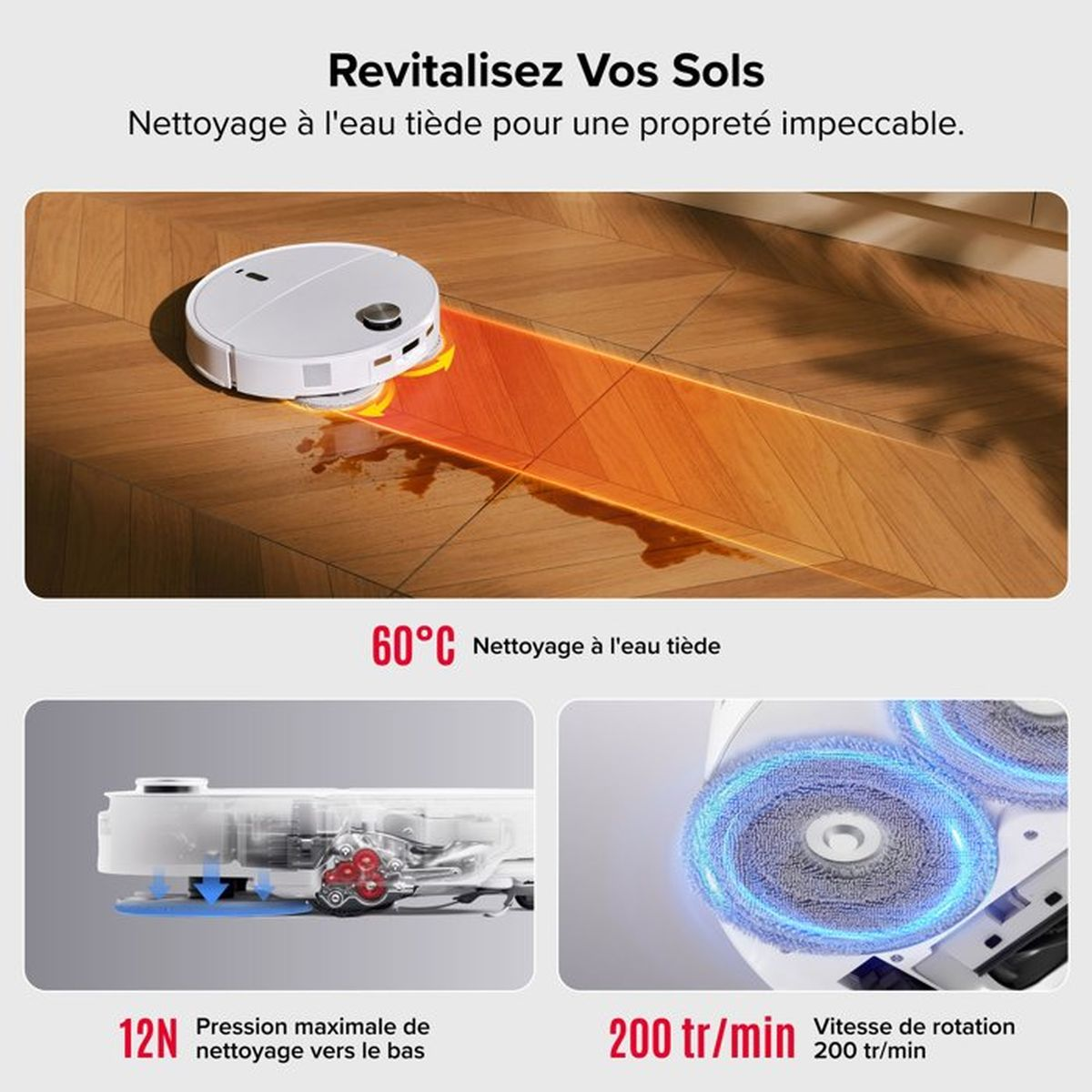 Robot aspirador blanco limpia suelo de madera con 60°C, presión de 12N y 200 rpm.