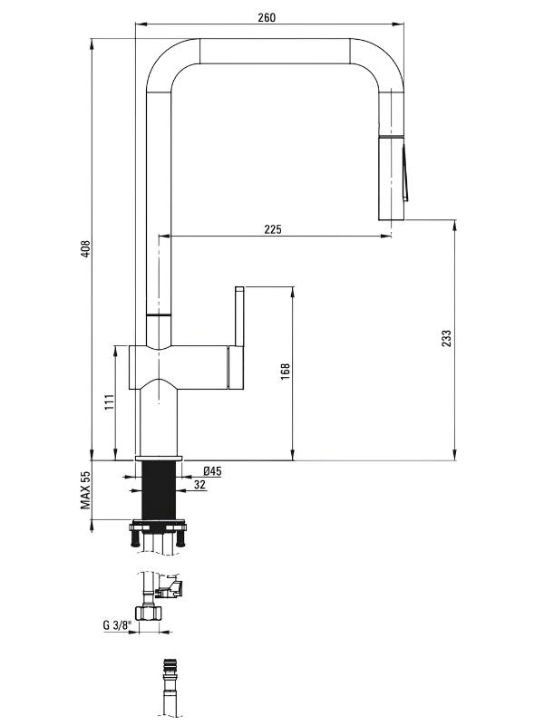 Ölçüleriyle birlikte modern bir eviye bataryasının teknik resmi.