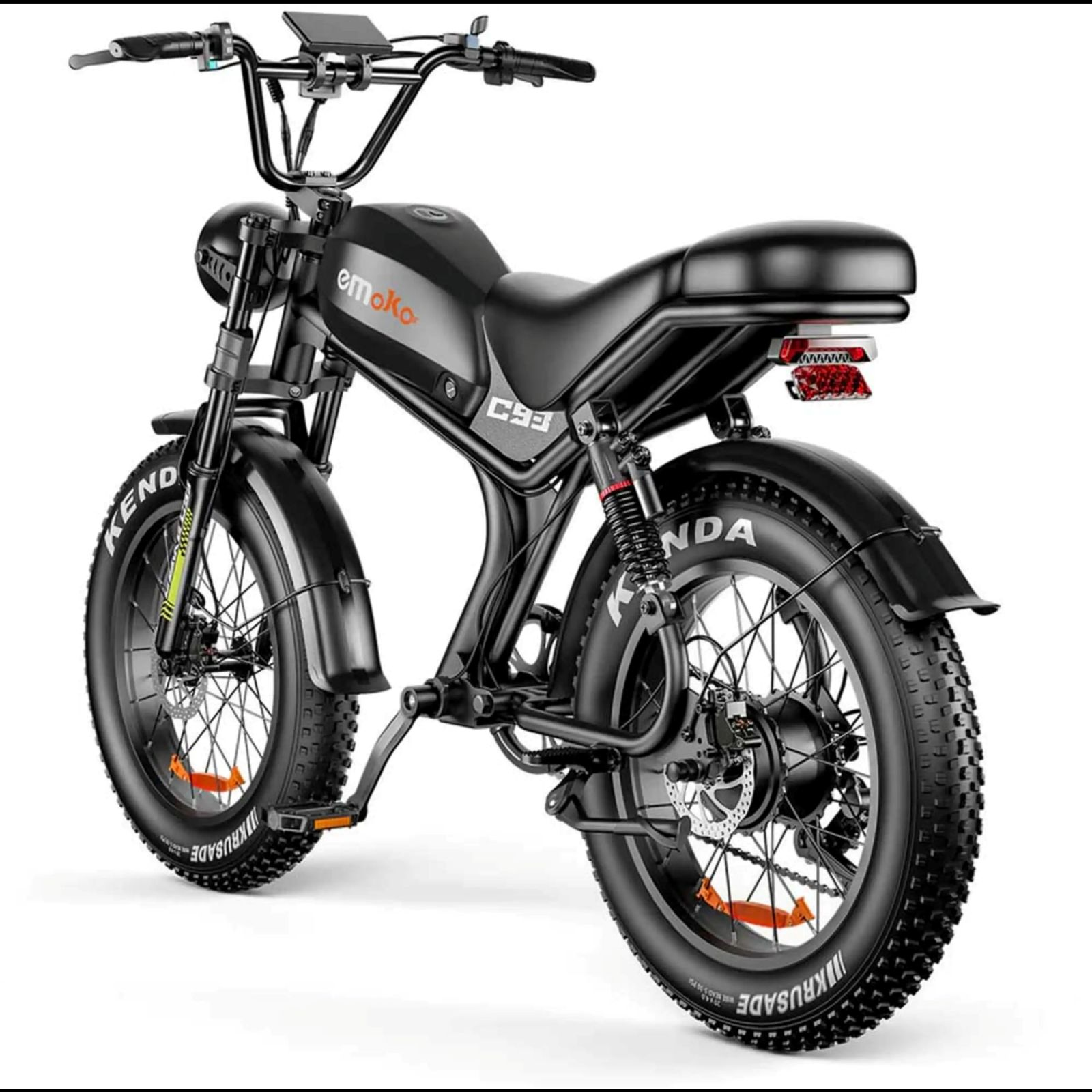 Una bicicleta eléctrica negra con neumáticos gruesos, manillar ancho y un asiento cómodo sobre fondo blanco.
