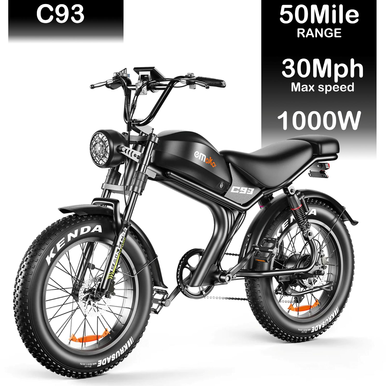 Una bicicleta eléctrica negra de neumático ancho con faro, con elementos de texto de fondo.