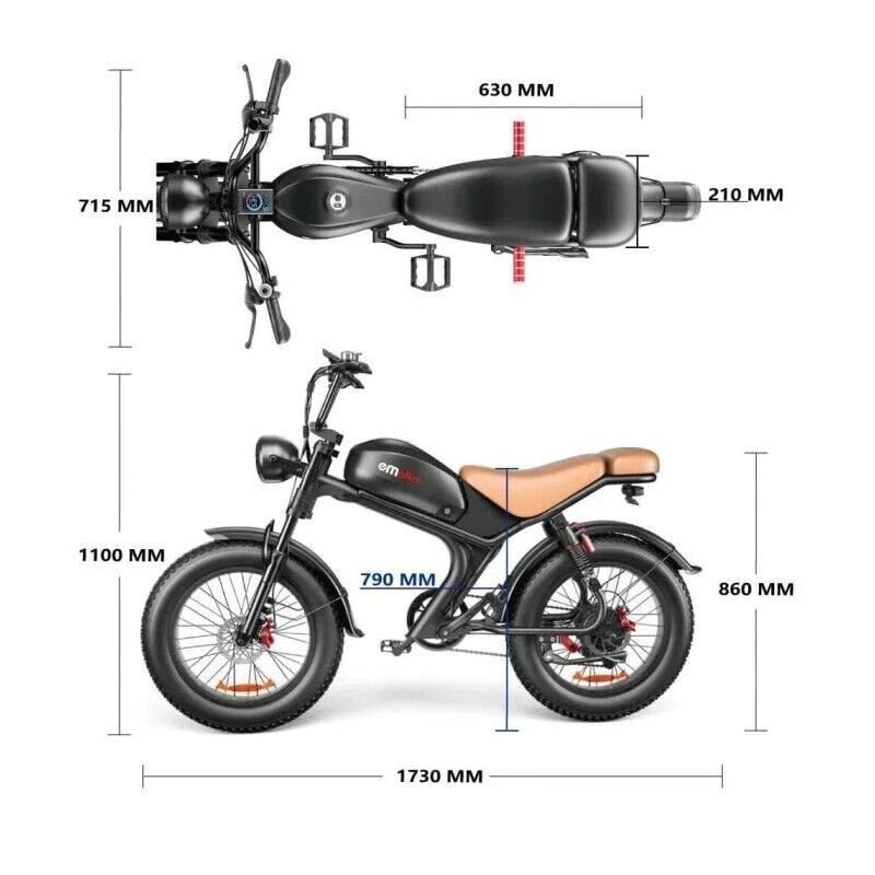 Dibujo técnico de una bicicleta eléctrica negra con medidas de dimensión en milímetros.