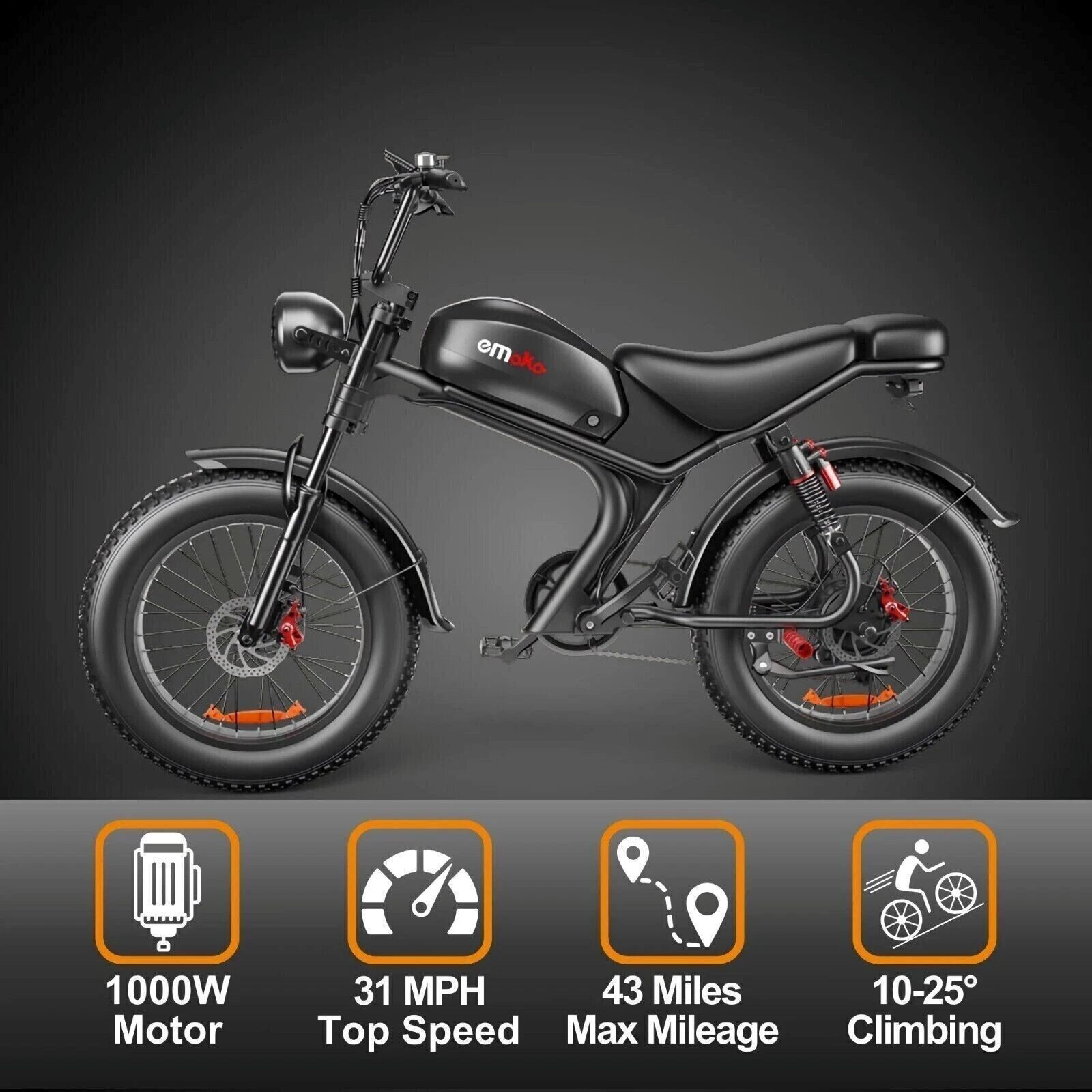 Una bicicleta eléctrica negra con neumáticos gruesos y cuatro iconos abajo que muestran potencia, velocidad y autonomía.