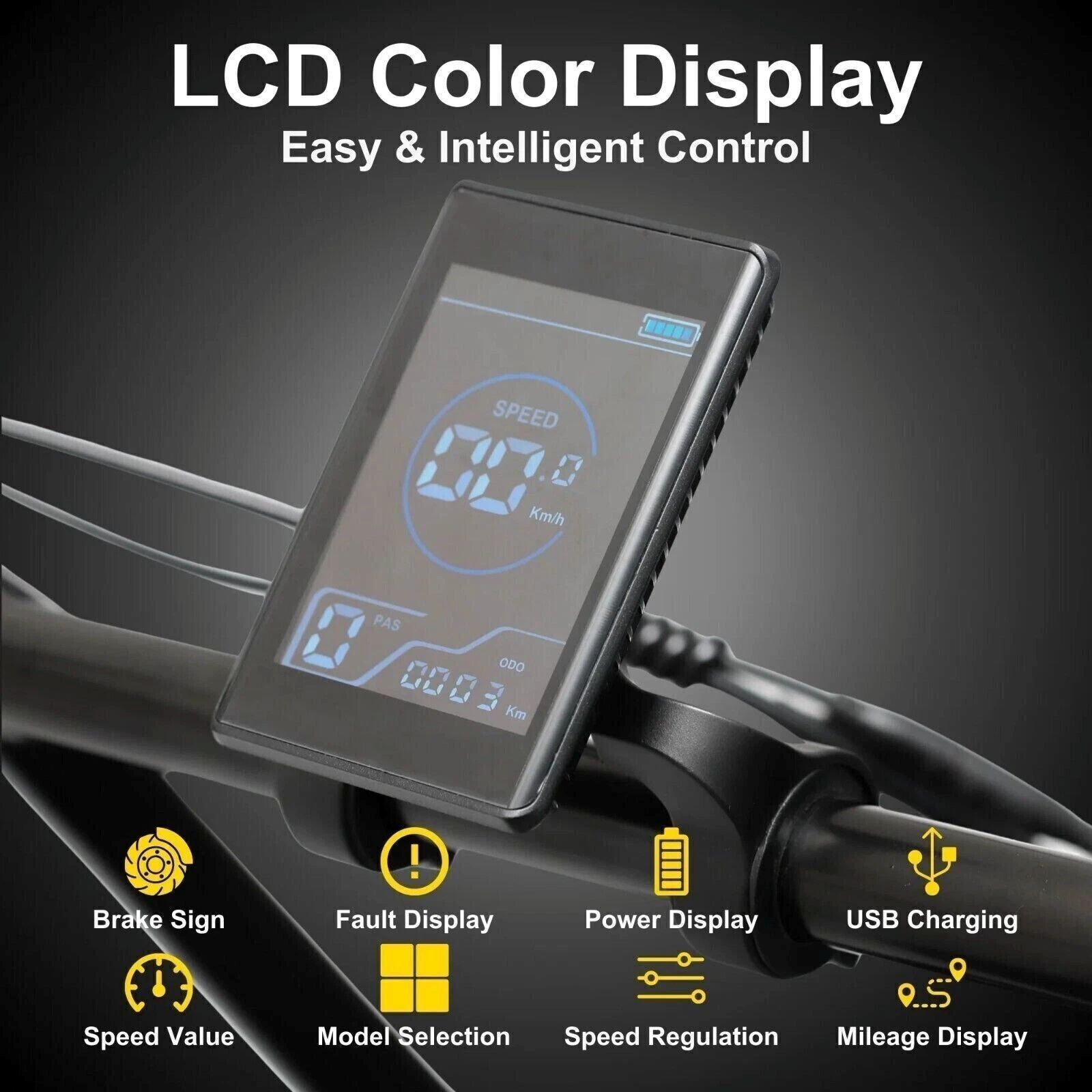 Una pantalla LCD a color de bicicleta eléctrica muestra velocidad, batería y kilometraje, con iconos de funciones.