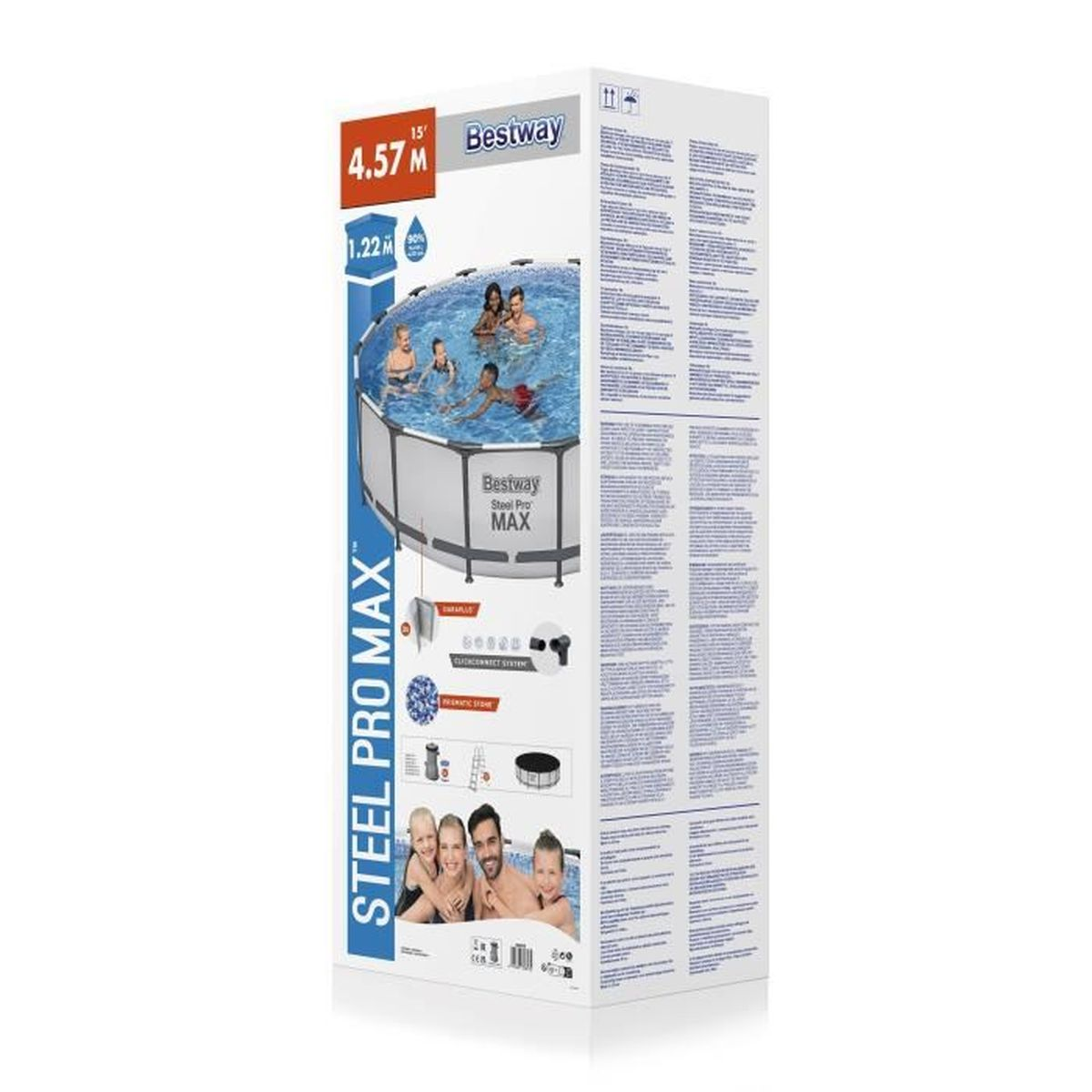 Ein großer weißer und blauer Karton für einen Bestway Steel Pro Max Pool mit Bildern einer Familie.