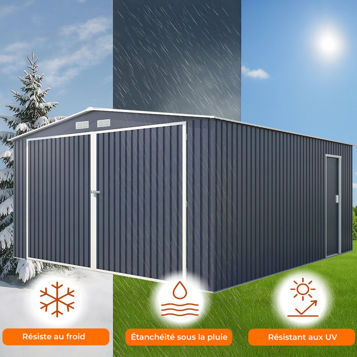 Ein graues Metallhaus auf Gras mit Symbolen für Kälte-, Regen- und UV-Beständigkeit.