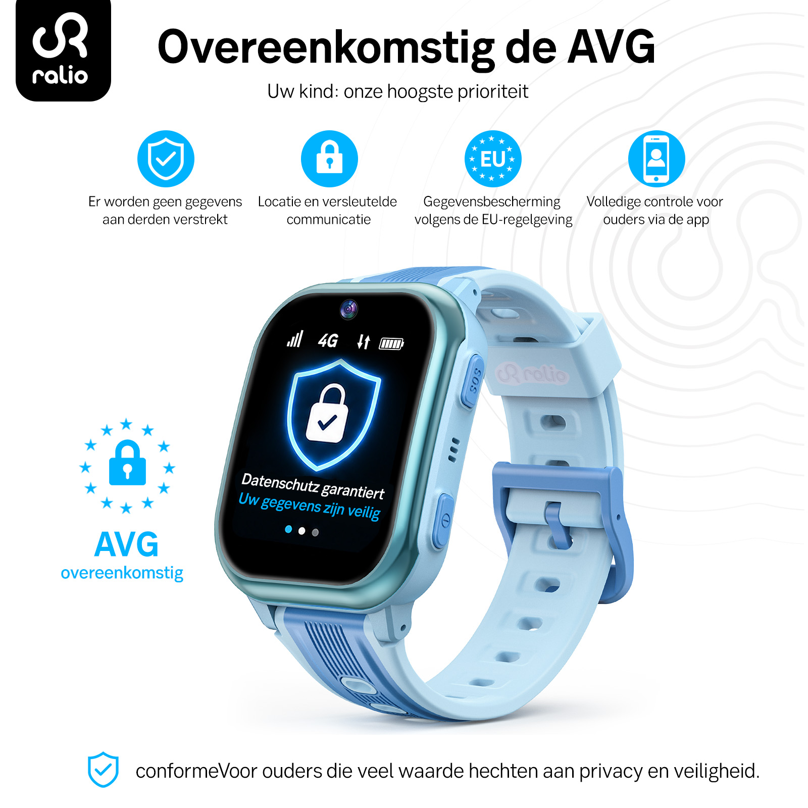 Jasnoniebieski smartwatch dla dzieci z funkcjami bezpieczeństwa i niderlandzkim tekstem.