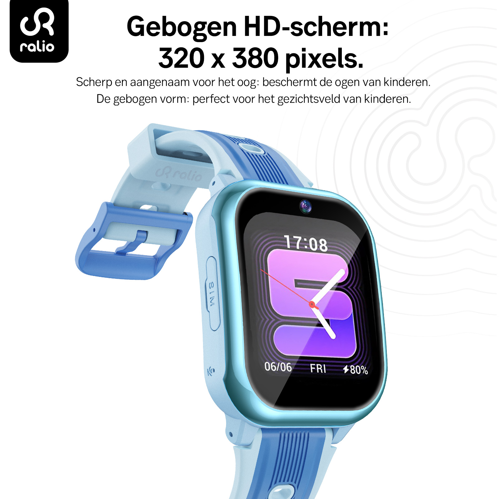 Niebieski smartwatch dla dzieci z zakrzywionym ekranem HD i tekstem.