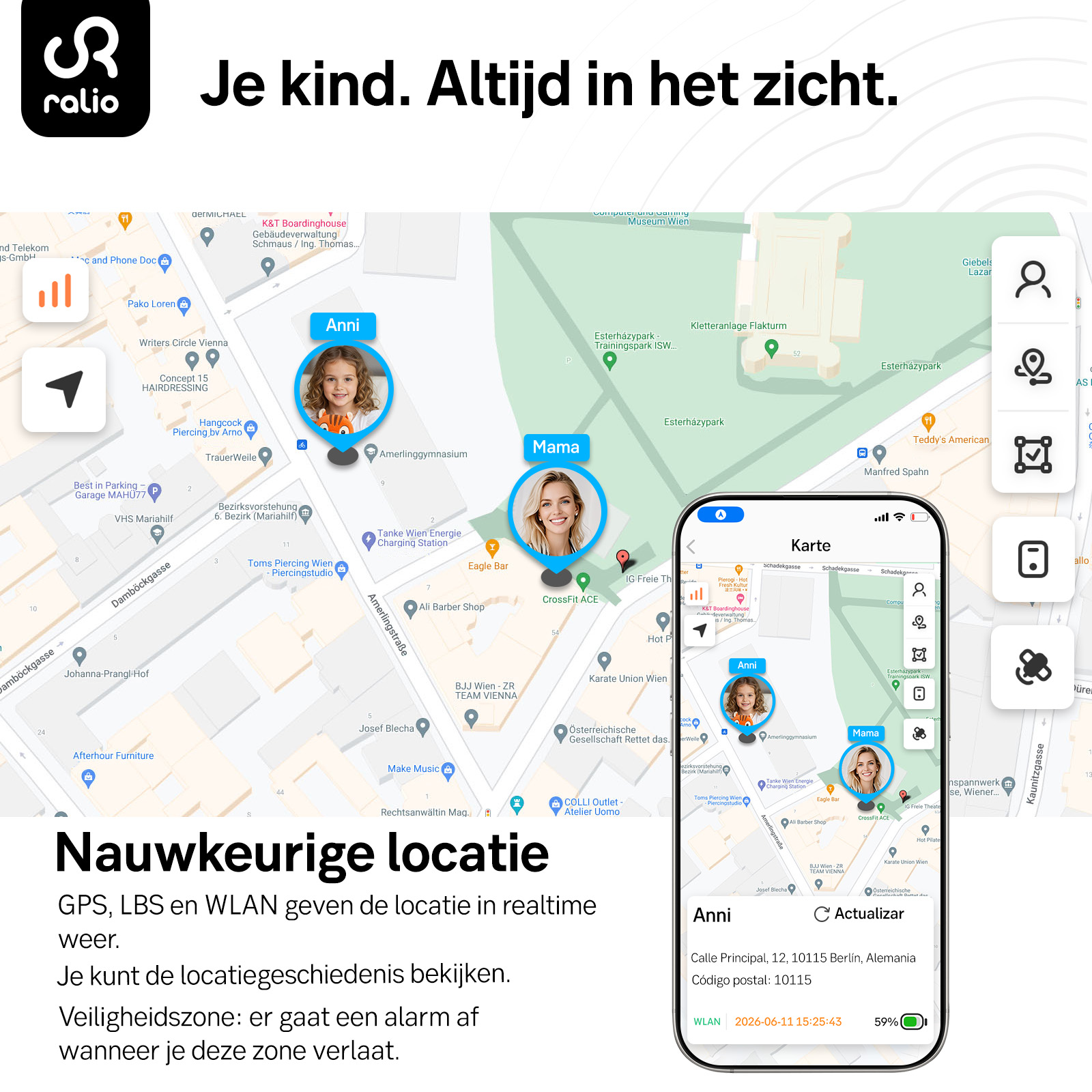 Zrzut ekranu aplikacji do śledzenia GPS pokazuje mapę z dwiema lokalizacjami użytkowników na żywo i adresami.