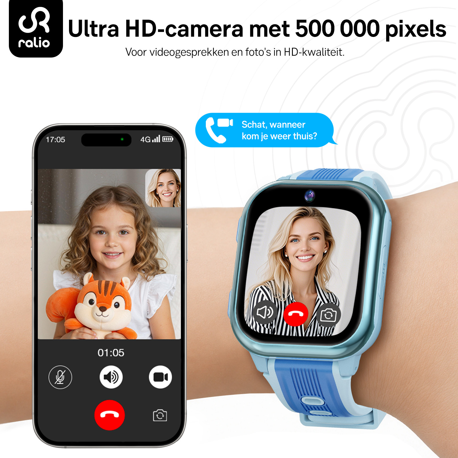 Smartfon i smartwatch dla dzieci pokazuja wideorozmowe miedzy dzieckiem z maskotka a kobieta.