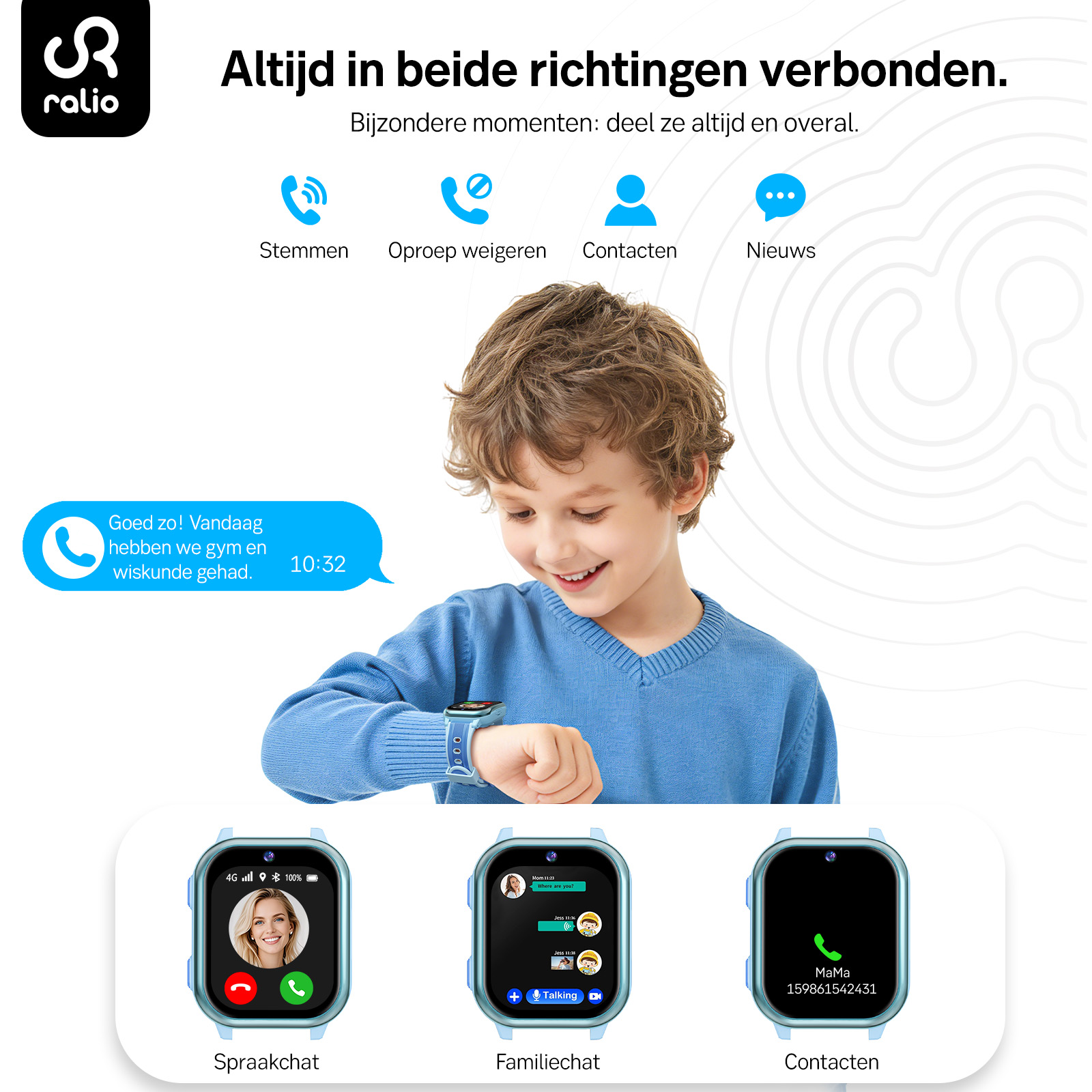 Chłopiec w niebieskim swetrze z uśmiechem patrzy na swój niebieski smartwatch.