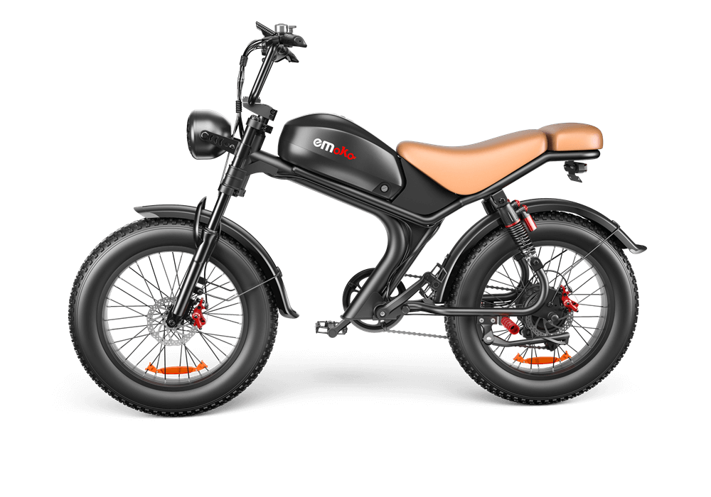 Una bicicleta eléctrica estilo ciclomotor negra con neumáticos gruesos, asiento de cuero marrón y faro redondo.