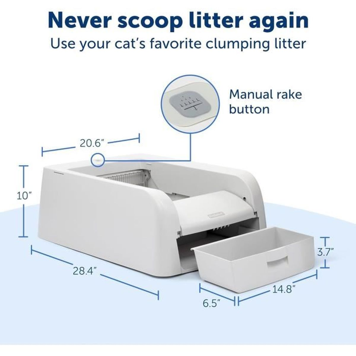 Produktgrafik einer automatischen Katzentoilette mit Maßangaben und manuellem Rechenknopf.
