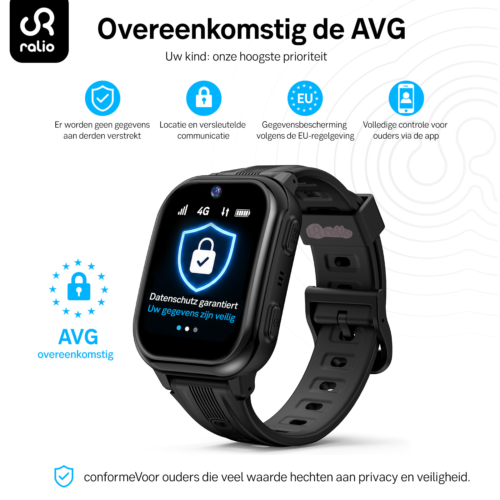 Czarny smartwatch z ikonami prywatności i holenderskim tekstem o bezpieczeństwie dzieci.