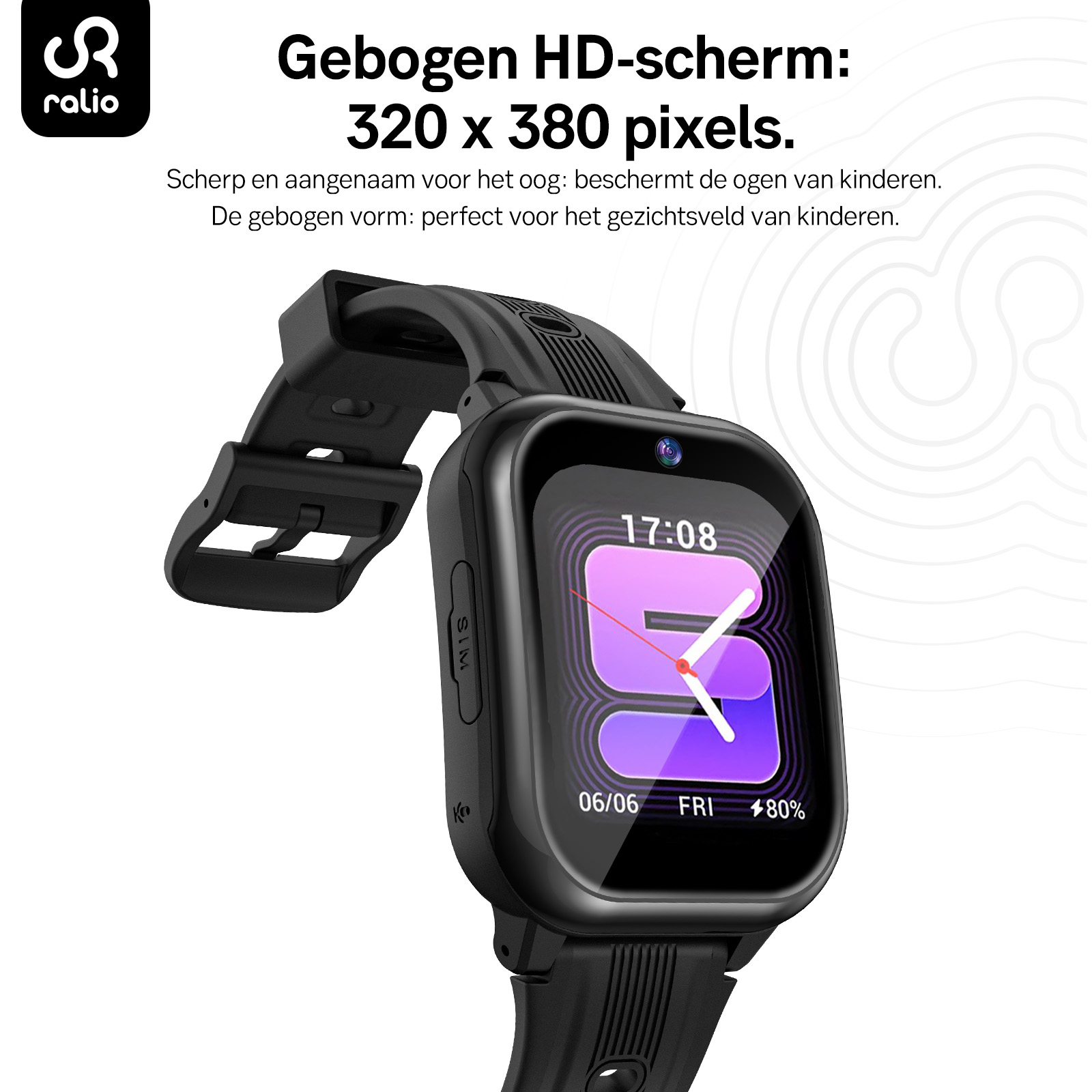 Czarny smartwatch dla dzieci z zakrzywionym ekranem, czarnym silikonowym paskiem i tekstem.