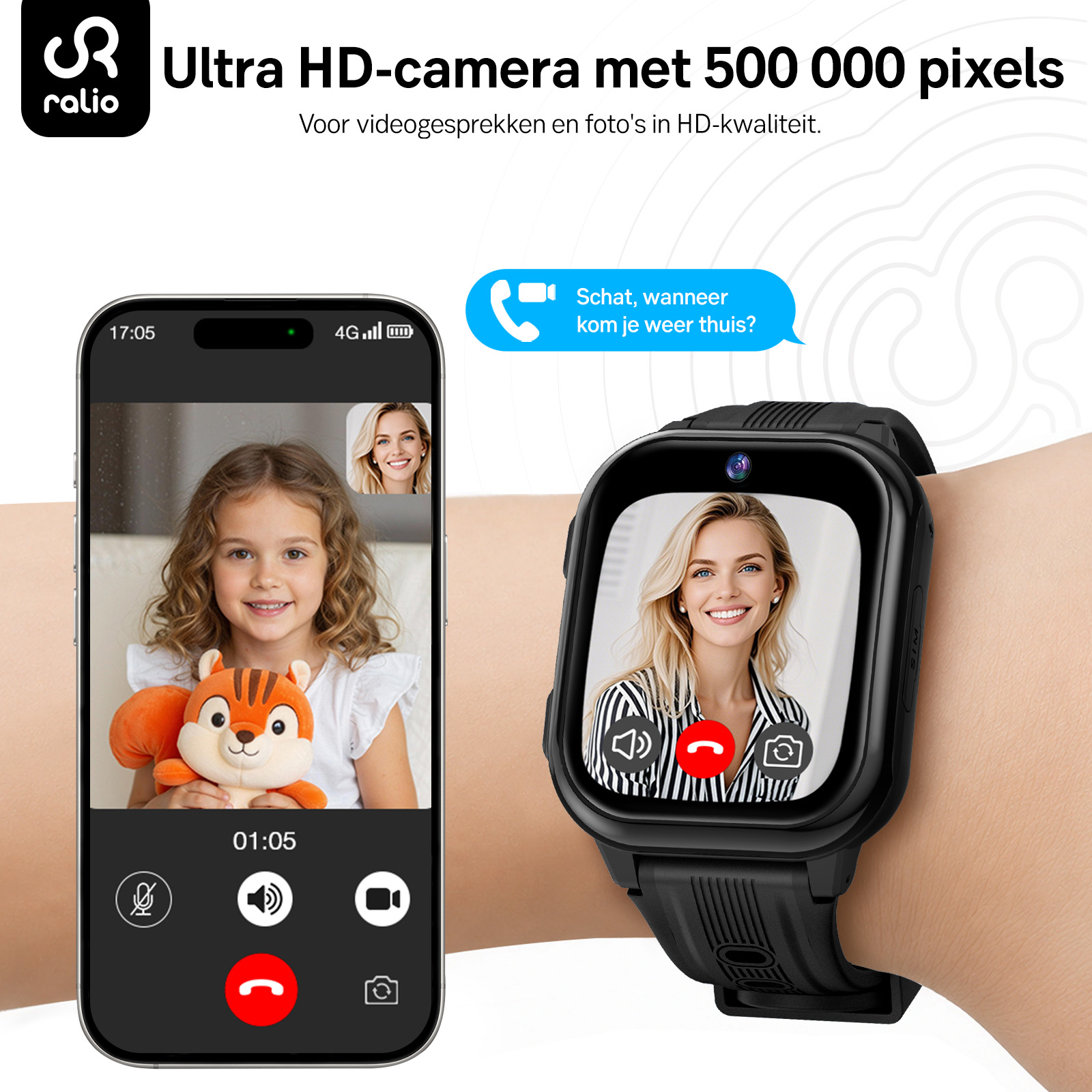 Smartfon i smartwatch pokazujące wideorozmowę między dzieckiem a kobietą.