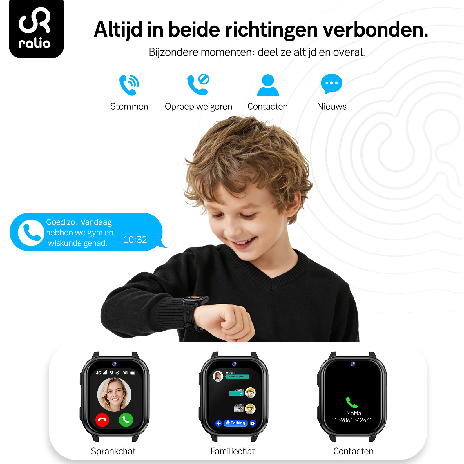 Chłopiec uśmiecha się, patrząc na smartwatch na nadgarstku, otoczony ikonami i tekstem.