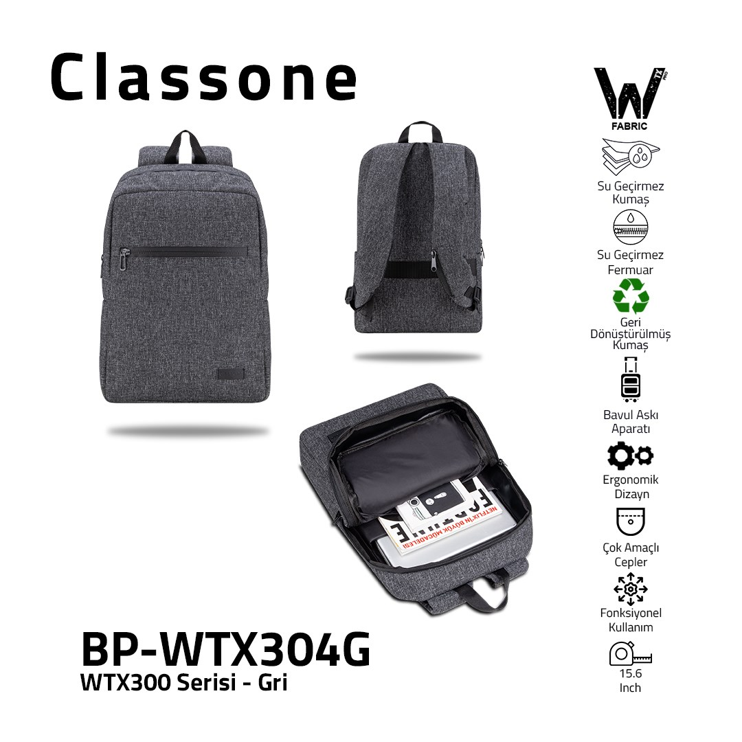Ön, arka ve açık görünümüyle gri Classone BP-WTX304G sırt çantası, su geçirmezlik ve diğer özellikleri vurgulayan ikonlarla.