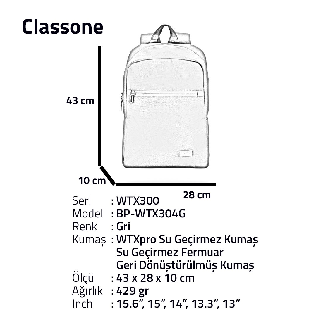 43x28x10 cm ölçülerinde gri Classone sırt çantası diyagramı ve ürün detayları.