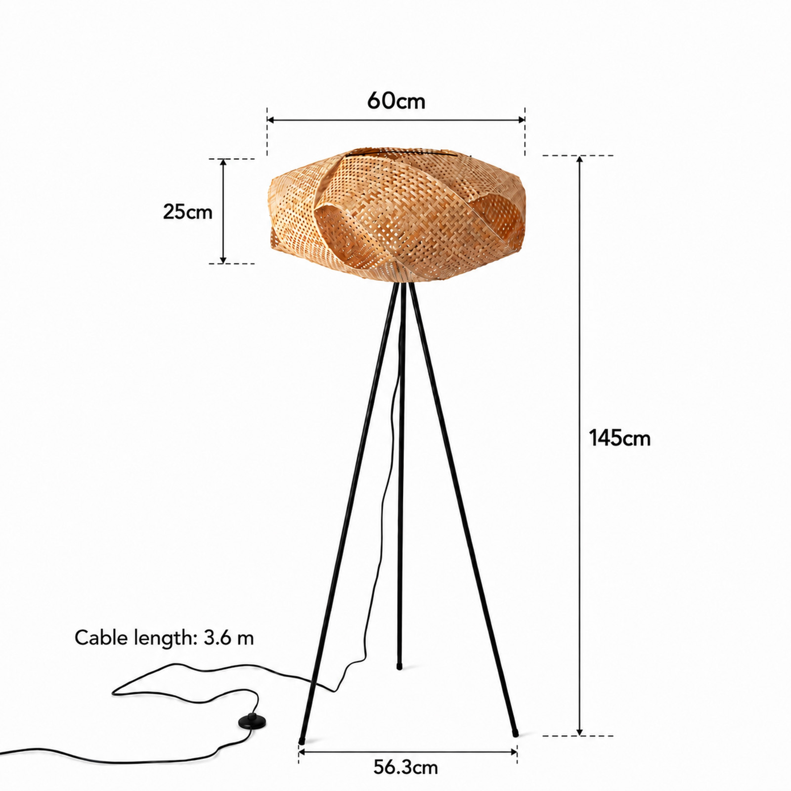 Dibujo técnico de una lámpara de pie con pantalla de bambú y dimensiones de 60 cm de ancho y 145 cm de alto.