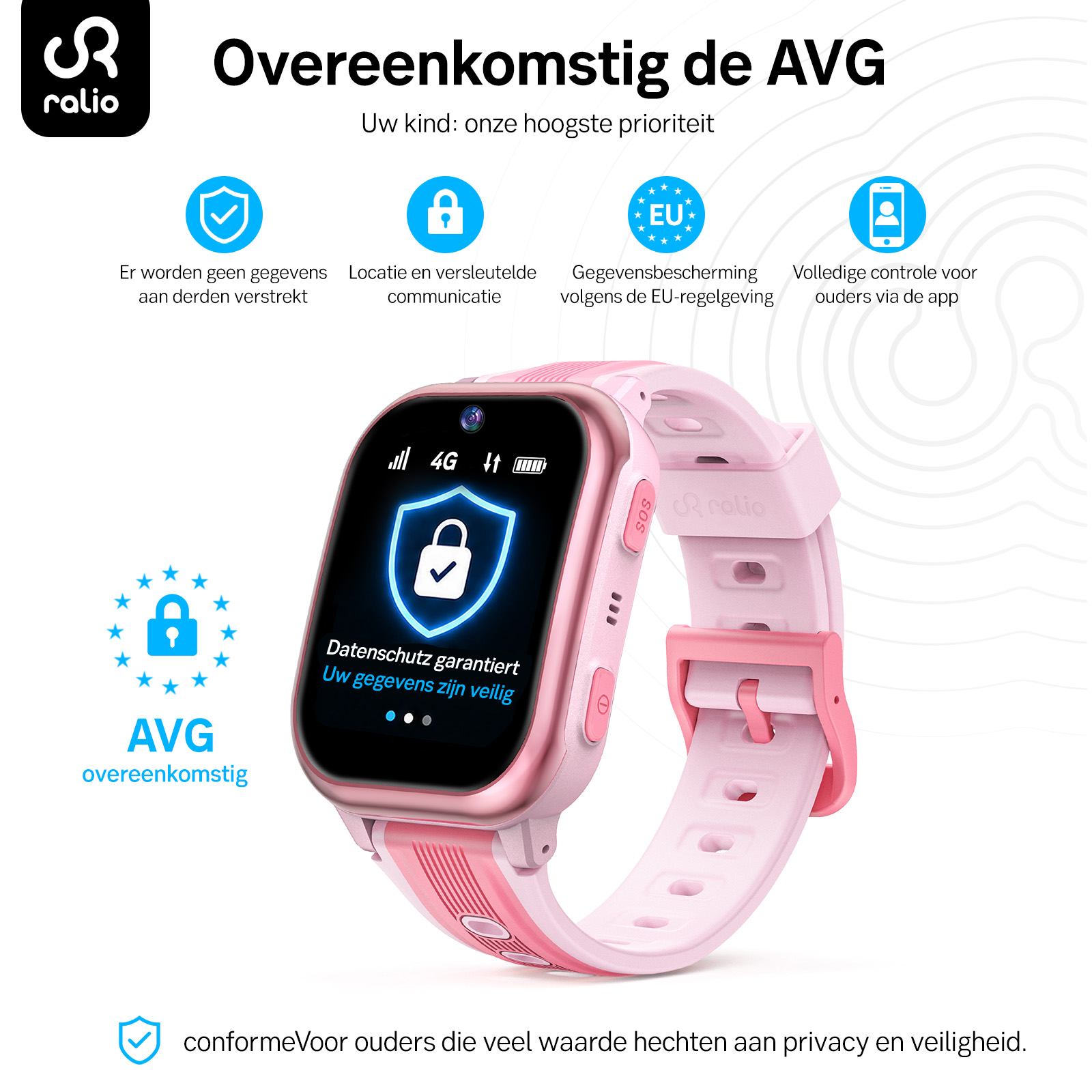 Różowy smartwatch dla dzieci Ralio z funkcjami prywatności.