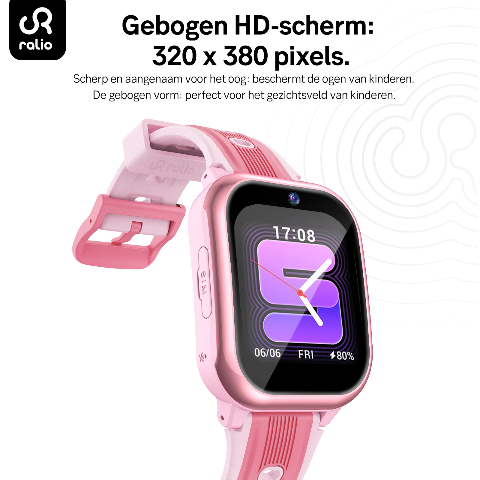 Różowy smartwatch dla dzieci z zakrzywionym ekranem HD i holenderskim tekstem.