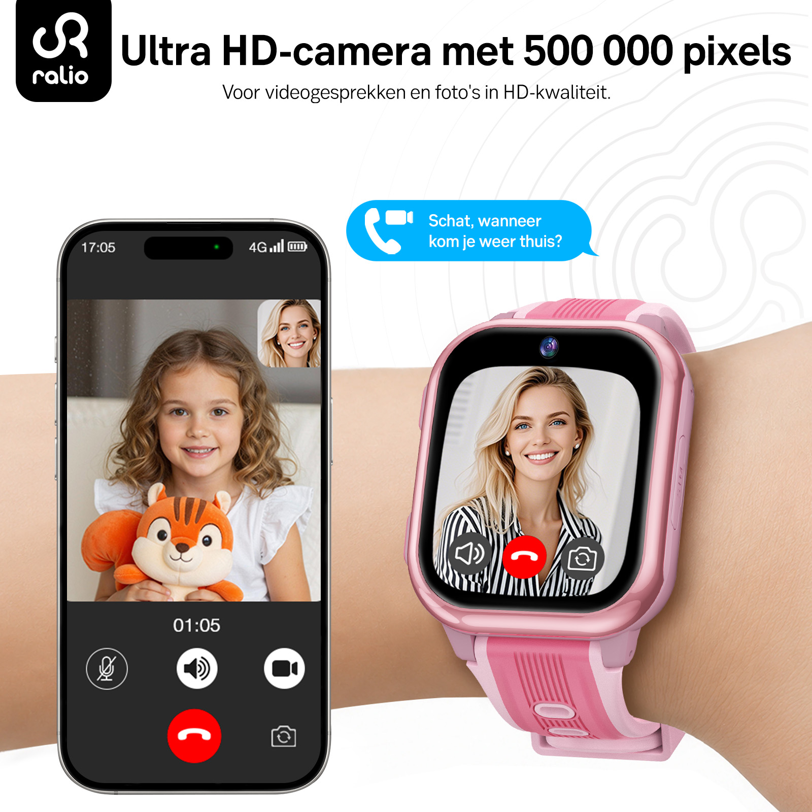 Różowy smartwatch i smartfon pokazują uśmiechnięte osoby podczas rozmowy wideo.