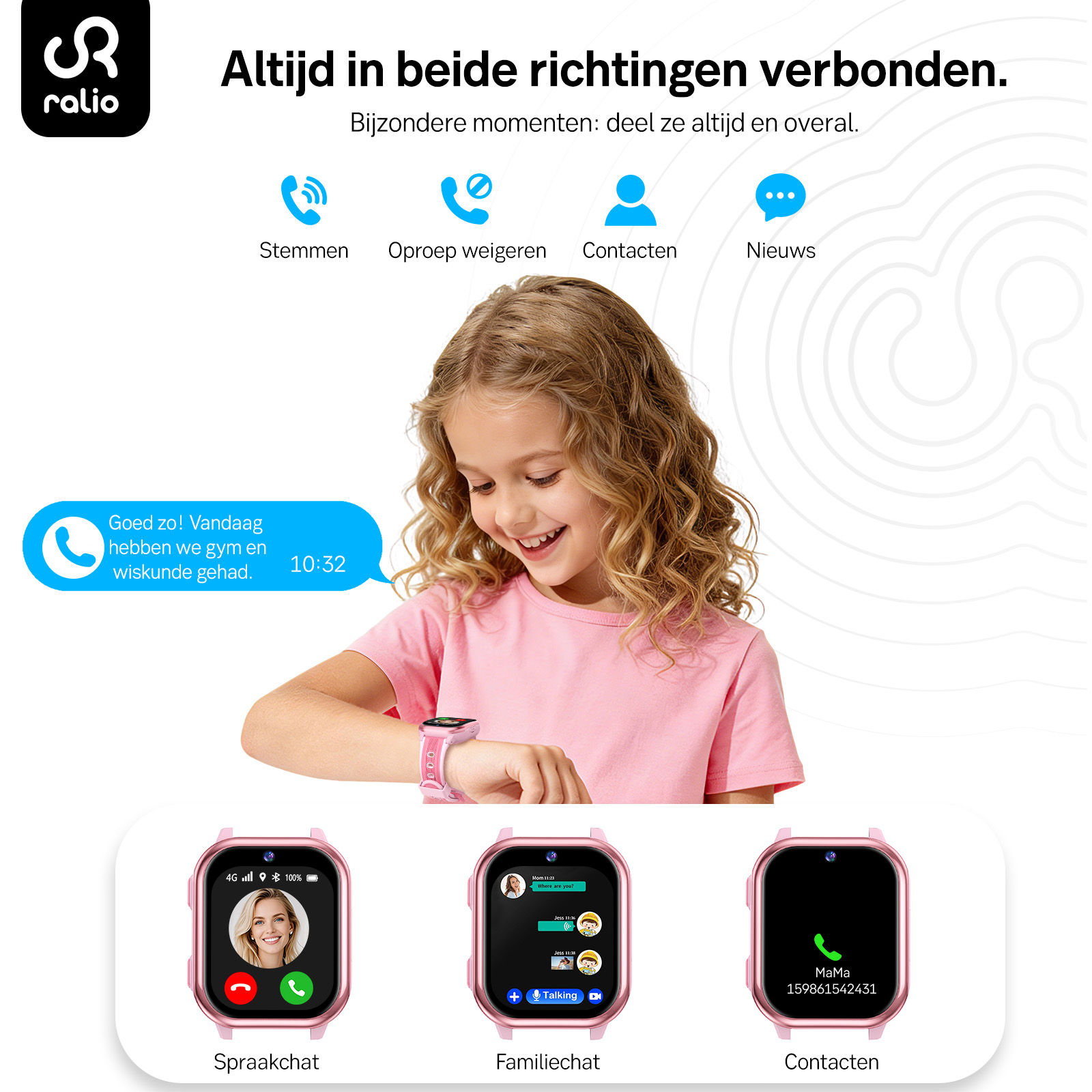 Młoda dziewczyna w różowej koszulce uśmiecha się, patrząc na swój różowy smartwatch. Nad nią i pod nią ikony i tekst.