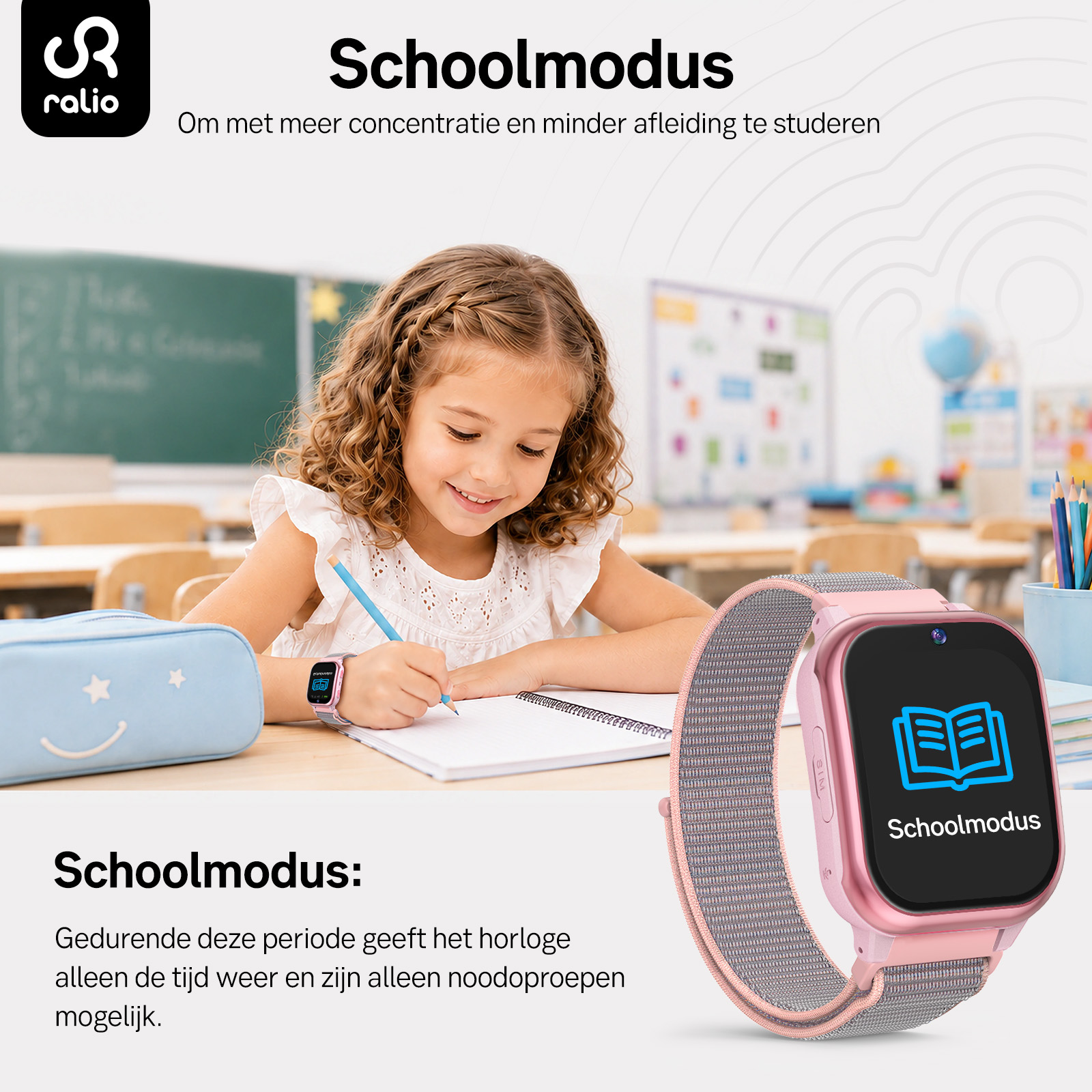 Dziewczynka uczy się przy biurku w smartwatchu. Po prawej stronie różowy smartwatch wyświetla ikonę książki.