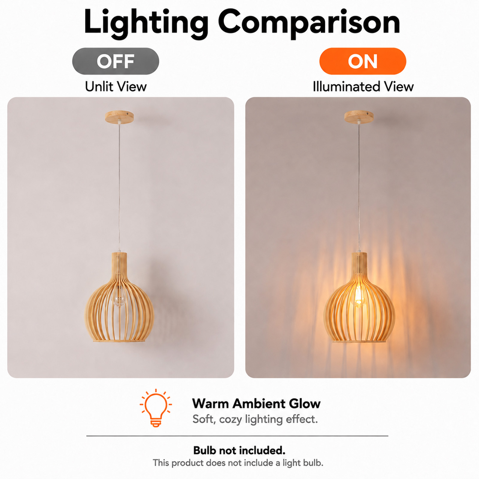 Comparación de una lámpara colgante de madera que muestra vistas apagadas e iluminadas.