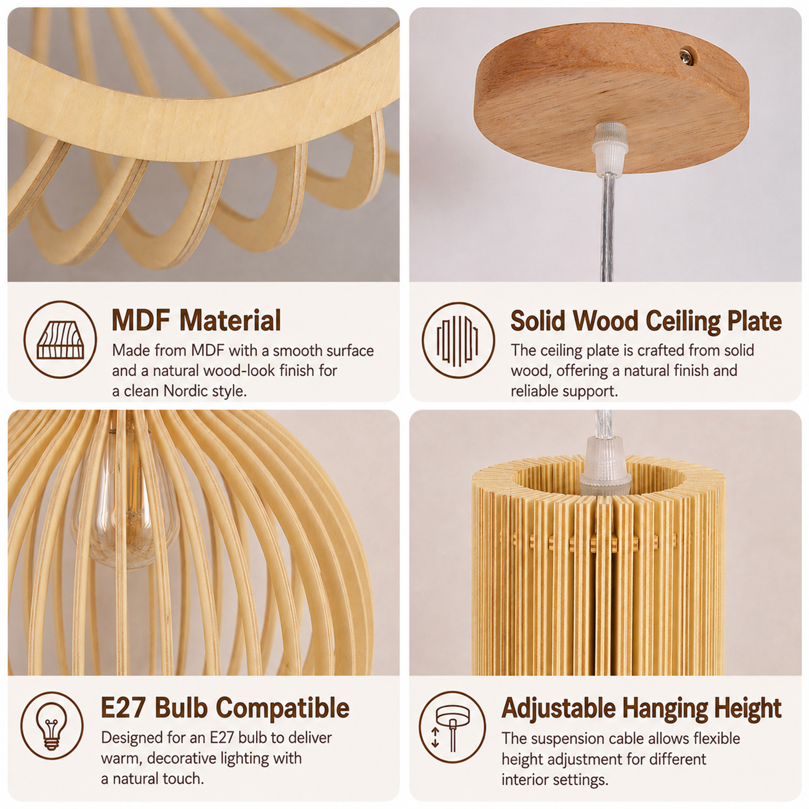 Cuatro paneles muestran material MDF, placa de techo de madera, compatibilidad con bombilla E27 y altura.