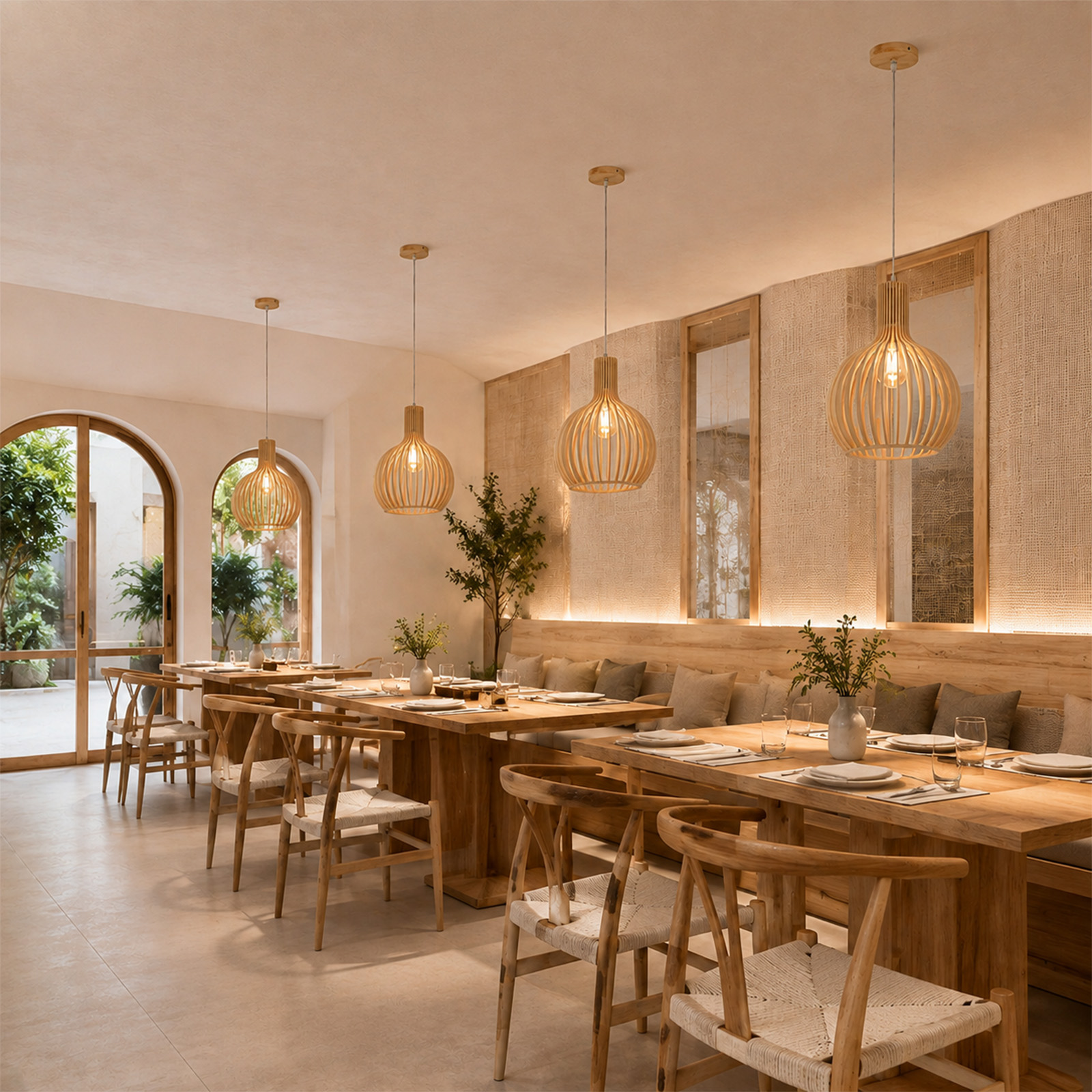 Acogedor interior de restaurante con mesas de madera, sillas y lámparas colgantes modernas.