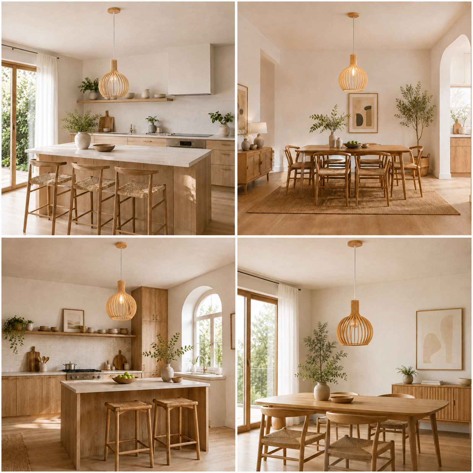 Moderna y luminosa cocina y comedor con muebles de madera, lámparas colgantes y plantas.