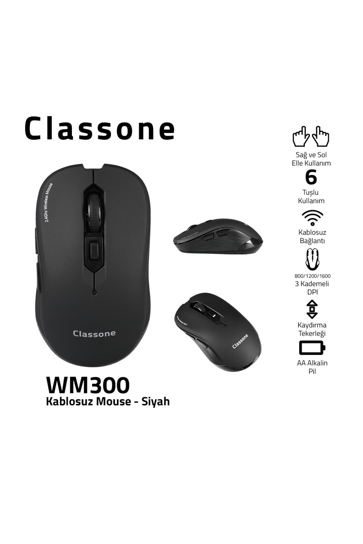 Beyaz arkaplanda ürün özellikleriyle birlikte gösterilen siyah Classone WM300 kablosuz mouse.