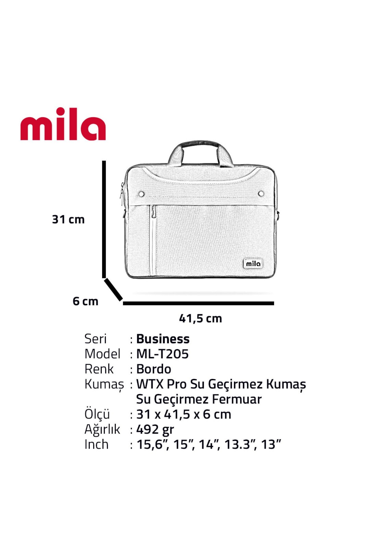 Boyutları, logosu ve teknik özellikleri olan gri Mila laptop çantası.