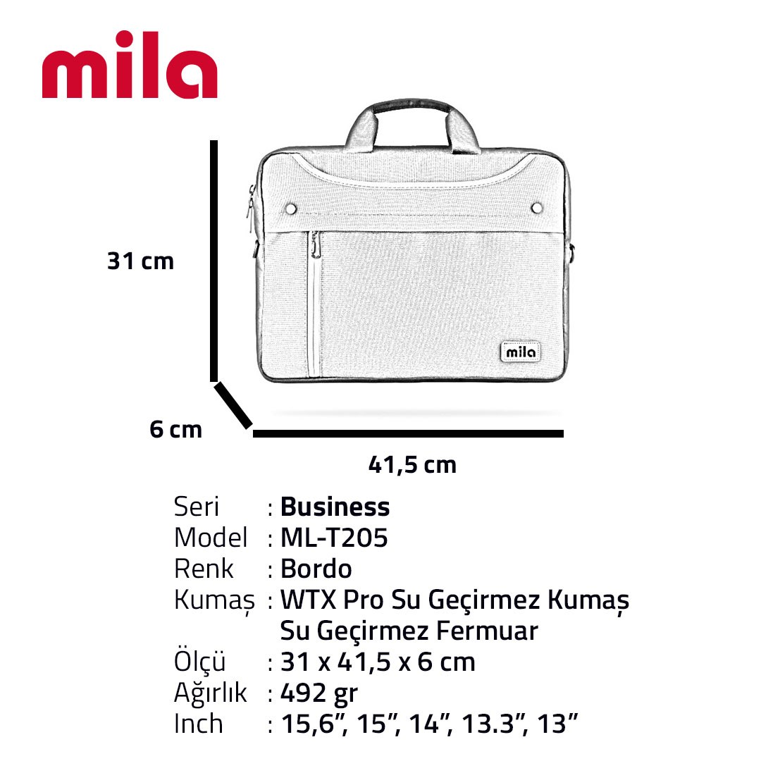 Ölçüleri, logosu ve ürün detayları olan Mila marka laptop çantasının teknik çizimi.