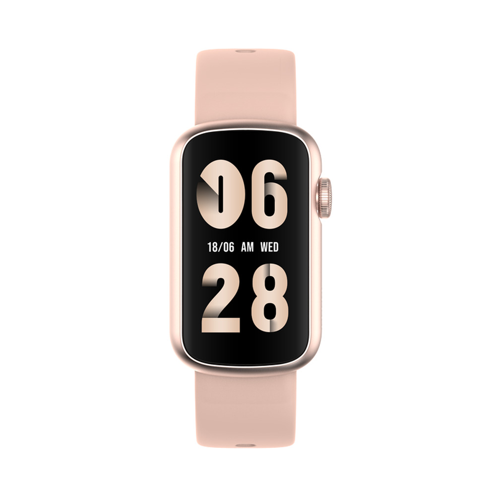 Un reloj inteligente rosa con una pantalla rectangular y la fecha 18/06 AM WED.