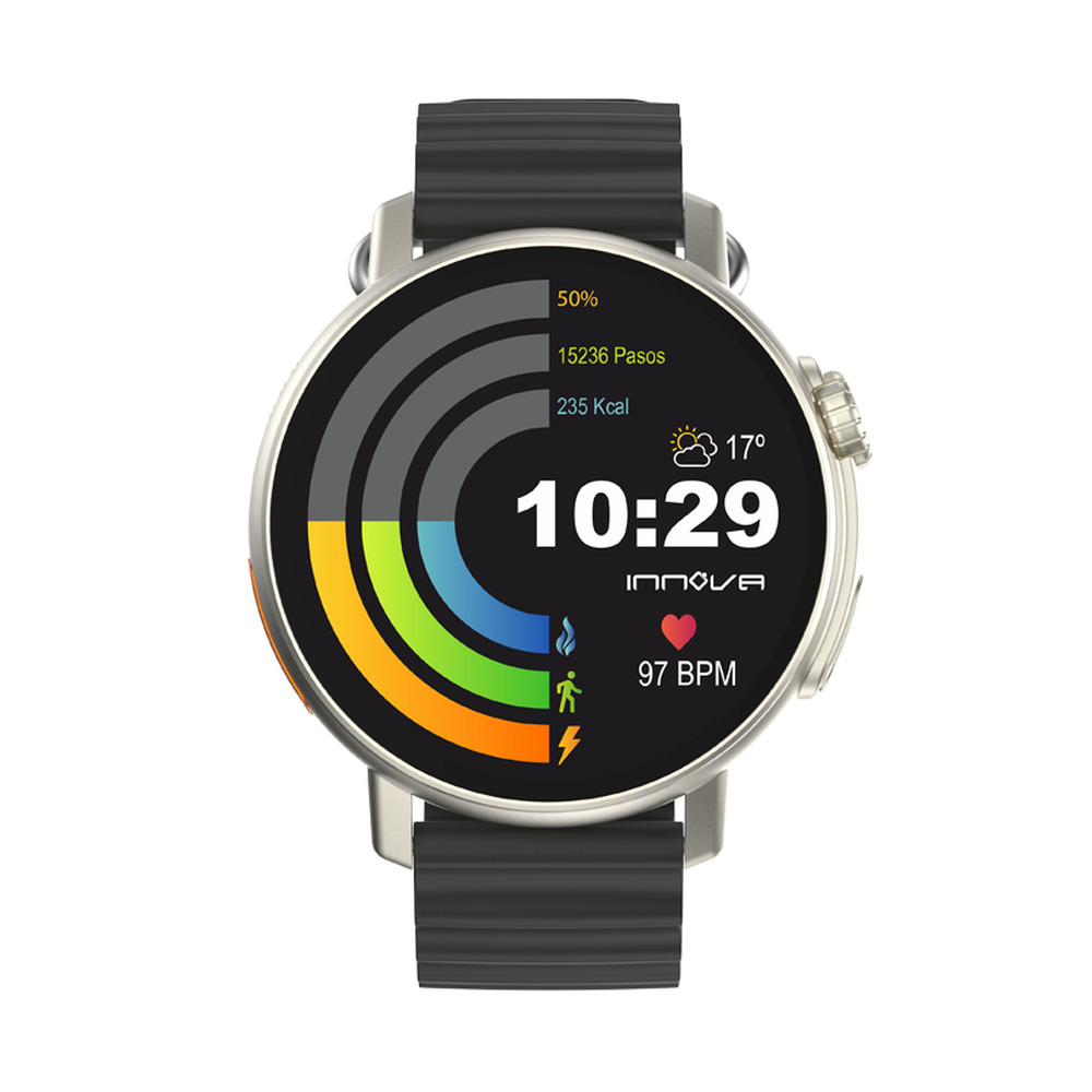 Un reloj inteligente redondo con correa negra y esfera digital que muestra la hora, el clima y datos de fitness.